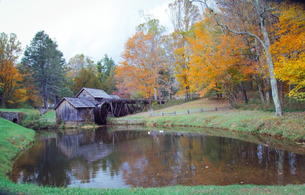 Mabry Mill Overlooking Pond with Fall Leaves