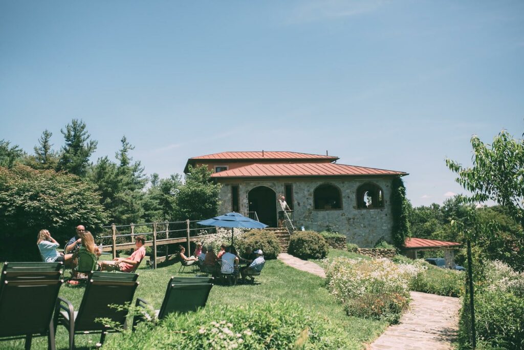 Stone building in green lawn