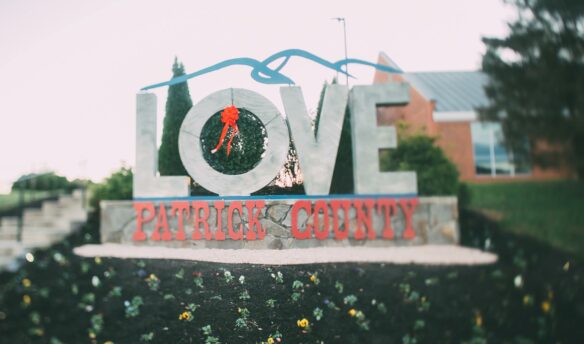 Patrick County LOVE sign with Christmas wreath
